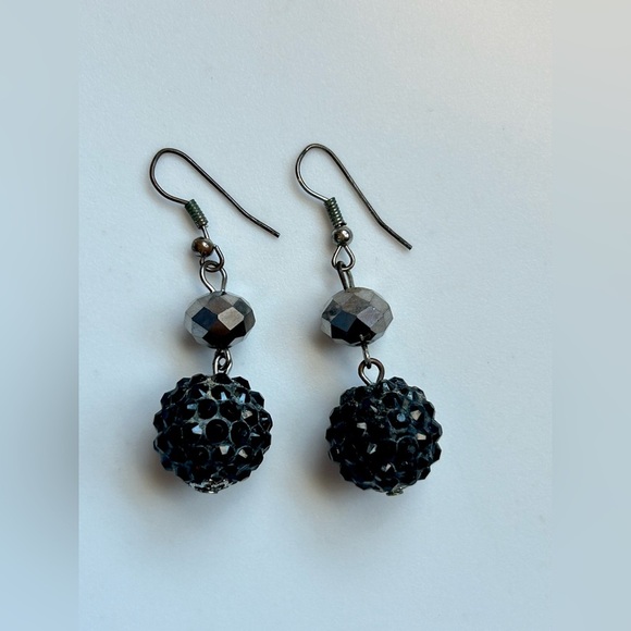 Gothic Shamballa Black Crystal Dangle Earrings Statement Y2K Vintage Jewelry - Picture 3 of 11